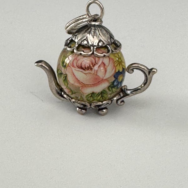 Vintage tea pot charm necklace, silver, pink rose