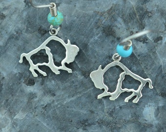Minimalist Buffalo Earrings in Sterling Silver with Turquoise Accent– Lakota Legacy Line