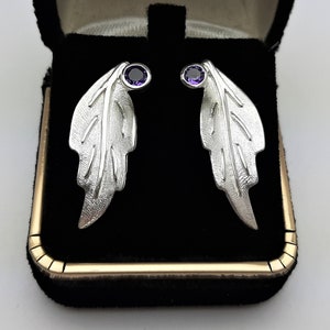 Amethyst Leaf Earrings, Sterling Silver - Amethyst Gemstone Earrings, Amethyst Birthstone Jewelry