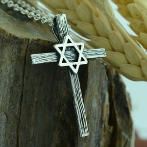 Star of David Wooden Cross Pendant in Sterling Silver – Wood Textured Christian Jewelry – Messianic Faith – Identity Series