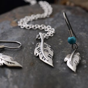 Minimalist Feather Pendant and Earrings in Sterling Silver with Turquoise Accents Set – Lakota Legacy Line