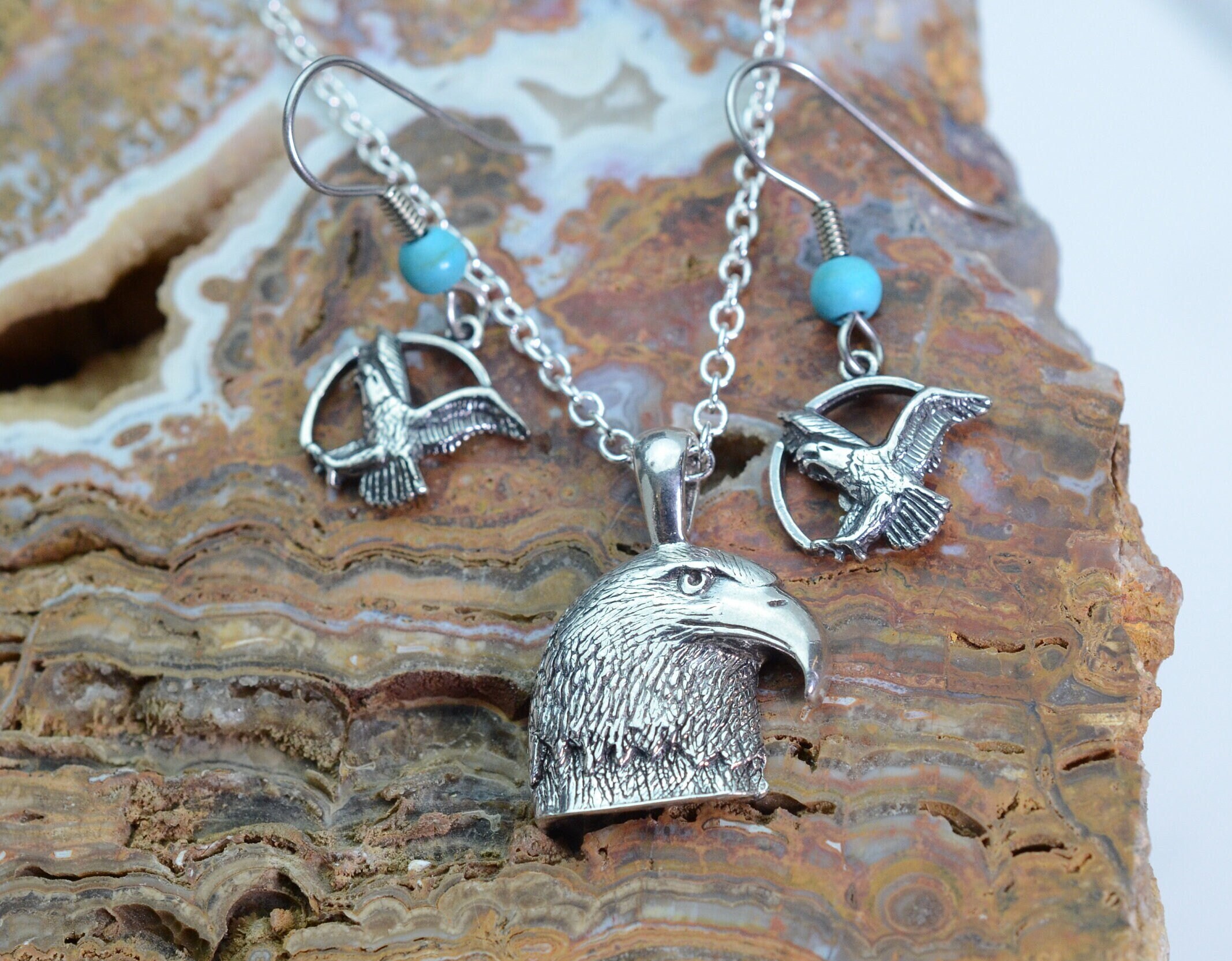 Eagle Earrings and Pendant in Sterling Silver With Turquoise Eagle Earrings and Pendant in Sterling Silver With Turquoise