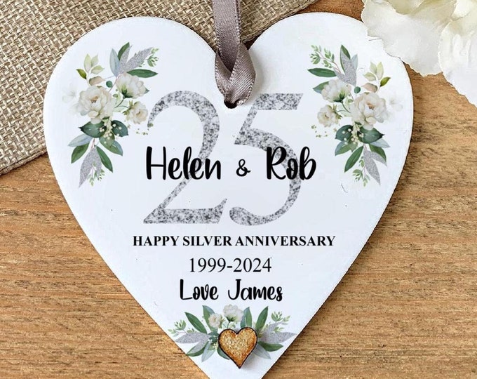 Personalised Silver Wedding Anniversary Gift Heart, 25th Anniversary Keepsake, Parents Gift, Personalised Keepsake, Gift For Couples