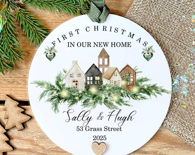 Personalised First Christmas New Home Ornament: Rustic Acrylic Bauble