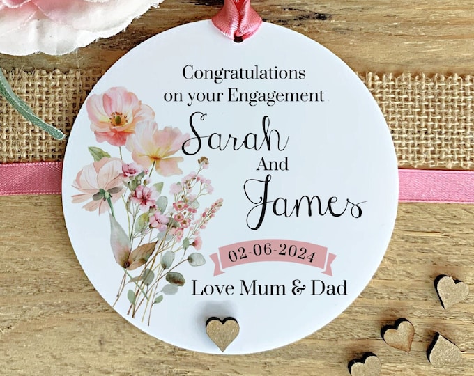 Personalised Engagement Keepsake, Gift for the Couple, Personalised Engagement Ornament, Acrylic hanging Decoration Watercolor Blush Flowers