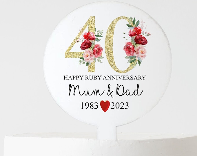 Ruby Wedding Anniversary Cake Topper, Acrylic 40th Anniversary Cake Decoration, Anniversary Cake paddle, Anniversary Gift
