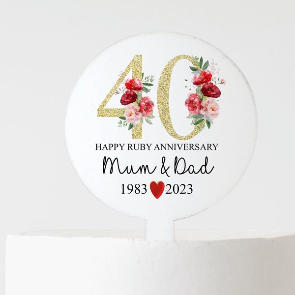 Ruby Wedding Anniversary Cake Topper, Acrylic 40th Anniversary Cake Decoration, Anniversary Cake paddle, Anniversary Gift