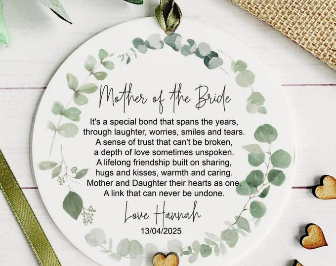 Personalised Mother of the Bride Gift Hanging Decoration Sage Green Foliage Wedding Day Gift  Mum of Bride Gift, Gifts From The Bride, Gifts