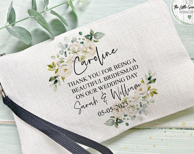 Personalised Bridesmaid Makeup Bag with Name, Custom Make up Bag, Bridesmaid Gifts, Bridal Party Gift, Cosmetic Organiser, Wedding Day Bag