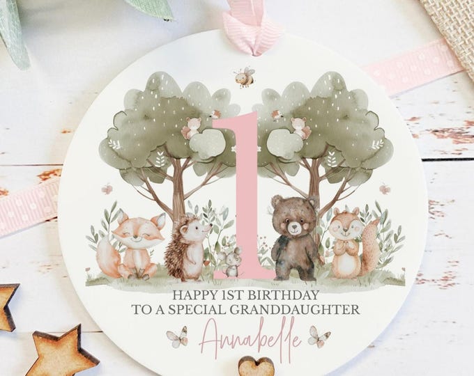 Granddaughter 1st Birthday Gift, Personalised 1st Birthday Keepsake, Forest Animal Nursery Decor, First Birthday, Grandchild, Daughter Niece