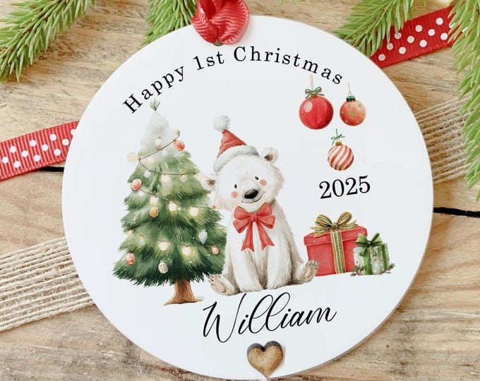 Personalised Baby’s First Christmas Ornament: Acrylic Bear & Tree Bauble Decoration