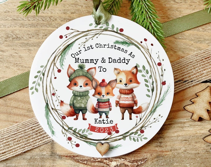 First Christmas As Mummy & Daddy Keepsake, 1st Christmas Ornament, Fox Family, Hanging  Acrylic Decoration,  Parents Gift With Giftbag