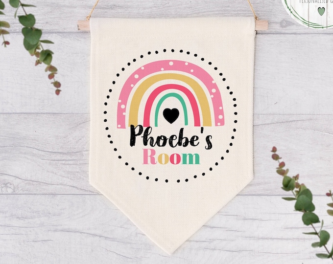 Personalised Girls Room Sign, Door Flag, Kids Room Decor, Rainbow Design
