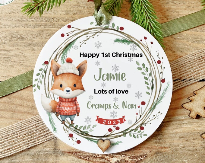 Personalised First Christmas Bauble, Childs Christmas bauble, Kids Tree Decoration, Child's First Christmas Decoration, Boy Fox