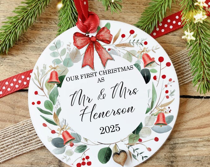 Personalised Our First Christmas Married Bauble: Mr & Mrs Gift, Newlywed Keepsake, Acrylic Ornament