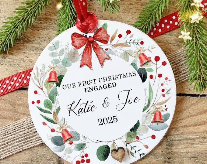 Personalised Our First Christmas Engaged Bauble: Couple Gift, Daughter, Son Keepsake, Acrylic Ornament