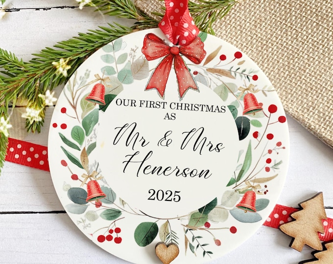 First Christmas As Mr & Mrs Bauble, Newlywed Tree Decoration, Couples Gift, Personalised First Christmas Married Keepsake, Bride Groom Gift