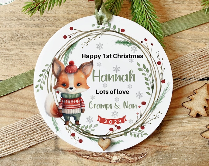 Personalised First Christmas Bauble, Childs Christmas bauble, Kids Tree Decoration, Child's First Christmas Decoration, Girl Fox