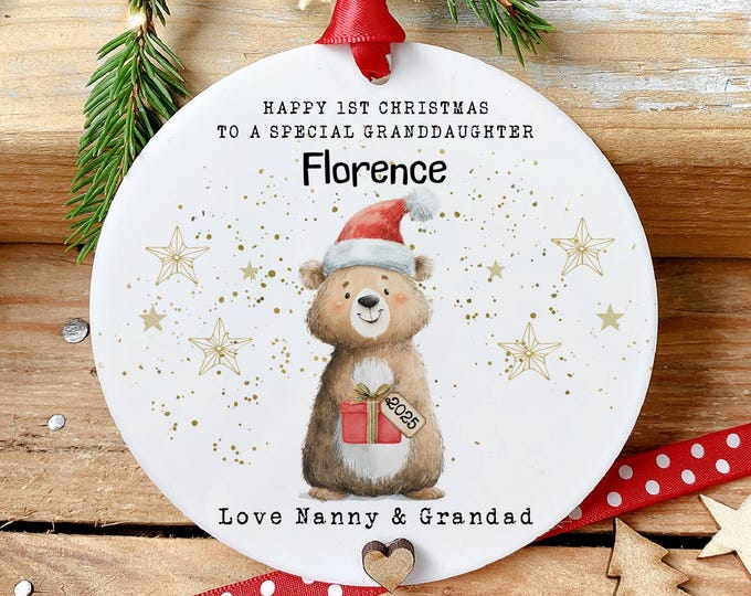 Granddaughter 1st Christmas Bauble, Baby's First Christmas Decoration,  Personalised Grandchild Gift, Newborn Keepsake, Acrylic Ornament,