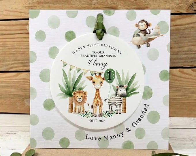 Personalised 1st Birthday Card With Detachable Acrylic Gift | Safari Animal Keepsake | Grandson Granddaughter Birthday Keepsake