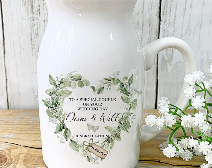 Personalised Wedding Vase, Mr & Mrs Gift, Botanical Design Couples Gift,  Newly Married Keepsake, Ceramic Flower Jug,