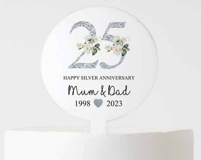 Silver Wedding Anniversary Cake Topper, Acrylic 25th Anniversary Cake Decoration, Anniversary Cake paddle, Anniversary Gift