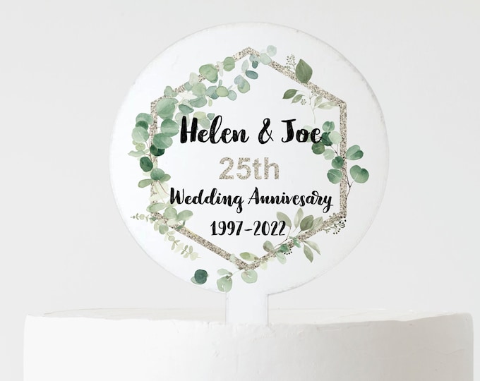 Personalised silver Wedding Anniversary Cake Topper, Acrylic 25th Anniversary Cake Decoration, Anniversary Cake paddle, Anniversary Gift