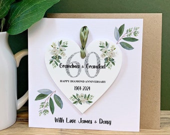 Diamond Wedding Anniversary Card, 60th Anniversary Gifts, Detachable Heart Keepsake, Husband Wife, Personalised 60 Years Married,