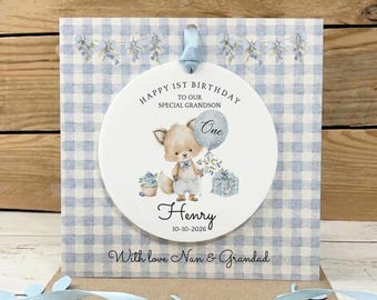 Personalised 1st Birthday Card With Detachable Acrylic Gift | Blue Fox Design |  First Birthday Card for Son Grandson  | Baby Boy Keepsake