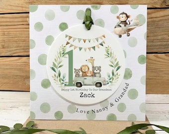 Personalised 1st Birthday Card With Detachable Acrylic Gift | Safari Animal Keepsake | Grandson Granddaughter  Birthday Keepsake