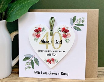 Carte personnalisée pour les noces de rubis avec cœur détachable, cadeau pour le 40e anniversaire de mariage, 40e anniversaire, cadeau pour un couple