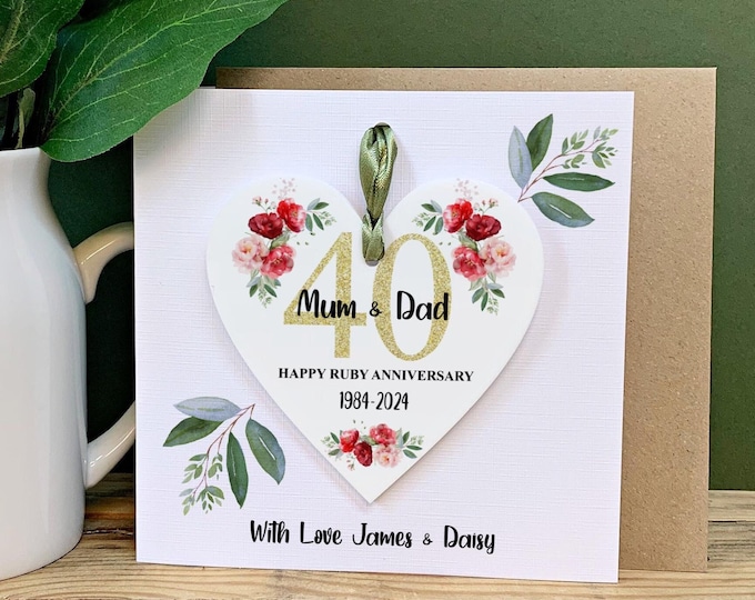 Personalised Ruby Wedding Anniversary Card With Detachable Heart Keepsake, 40th Wedding Anniversary gift, 40th Anniversary, Gift For Couple