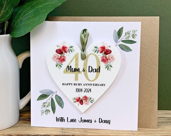Personalised 40th Ruby Anniversary Card, Acrylic Heart Keepsake, Custom 40 Year Wedding Gift for Couples, Parents, Mum & Dad, Wife, Husband