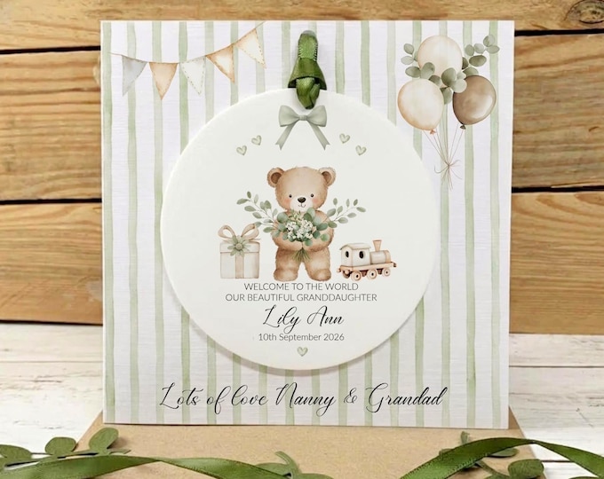 Personalised New Baby Card With Detachable Keepsake Gift | Baby Boy or Girl Grandchild Gift|  Neutral Teddy Bear | Welcome To The World