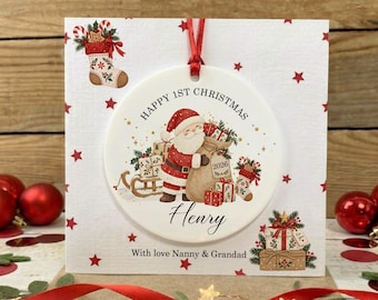 Personalised Baby's First Christmas Card With Keepsake | Granddaughter Grandson 1st Christmas Bauble | Santa Theme Ornament