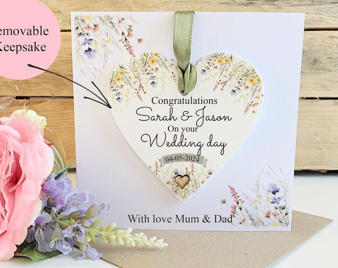 Personalised Wedding Card, Wedding Day Gift, Newlyweds Card, Wedding Keepsake Card, Mr And Mrs Gift, Hanging Heart, Acrylic Keepsake,