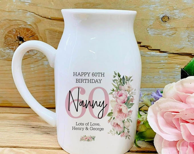 Personalised Nanny Birthday Gift | Small Floral Jug Vase for Mum Nana Gran | Custom Any Age Gift for Her