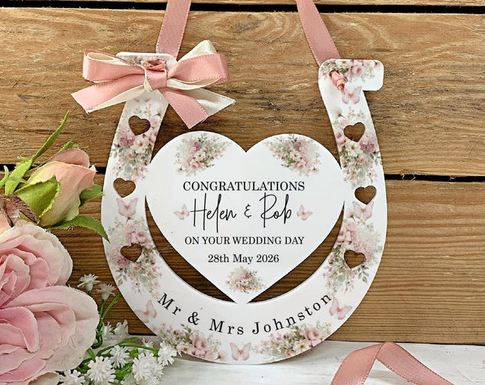 Personalised Dusty Pink Floral Wedding Horseshoe – Bridal Keepsake Charm