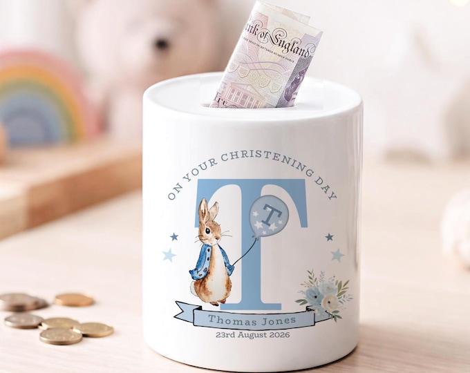 Personalised Christening Money Box, Ceramic Pink Rabbit Money Box, Grandson Son Godson Nephew Piggy Bank, Christening Gifts,