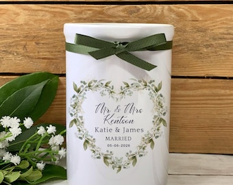 Personalised Wedding Vase | Botanical Wedding Gift | Newlywed Flower Vase | Sage Green Wedding Decor | Mr and Mrs Greenery Centerpiece