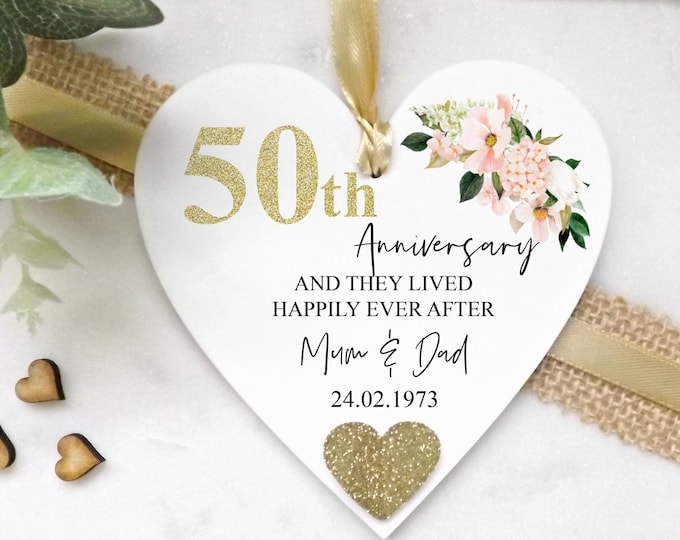 Personalised Golden 50th Anniversary Gift, Golden Anniversary Keepsake, Gifts For Couples, 50th Anniversary Hanging Heart