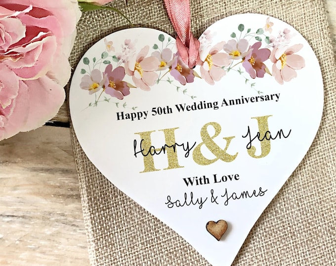 Personalised Golden Wedding Anniversary Keepsake, 50th Wedding Anniversary gift, Hanging Heart