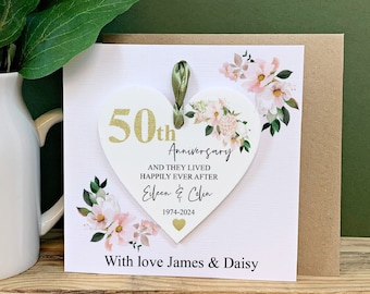 Personalised 50th Anniversary Card, Detachable Acrylic Heart Keepsake, Golden Couple Gift