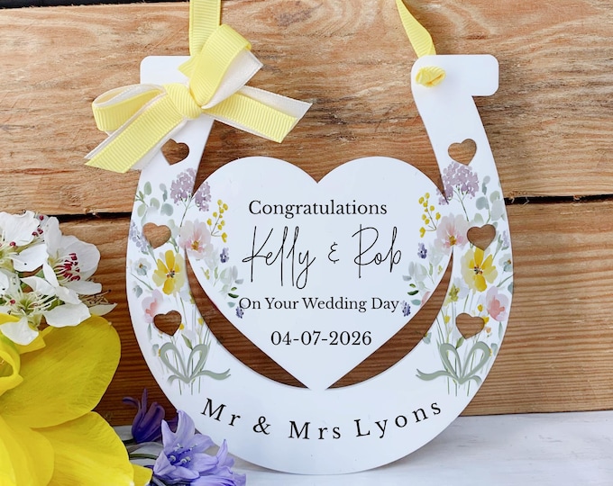 Personalised Wedding Horseshoe Gift, Bridal Good Luck Charm, Gift for Bride from Page Boy Flower Girl, Custom Mr and Mrs Floral Keepsake