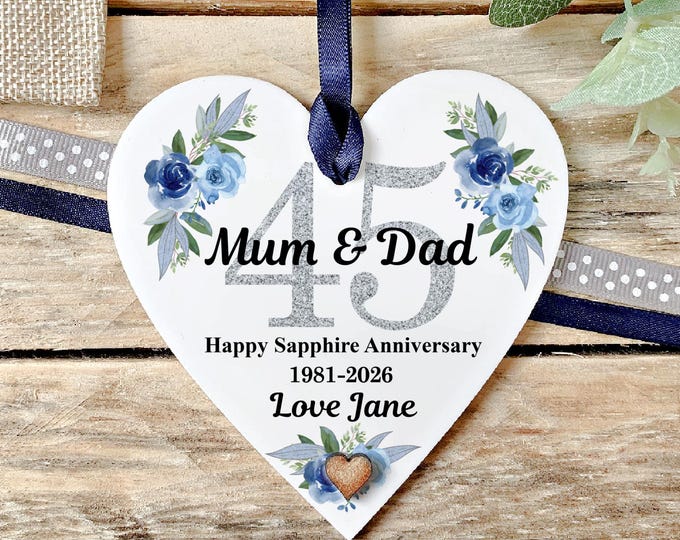 45th Sapphire Anniversary Heart Keepsake, Blue Floral Acrylic Plaque for Parents