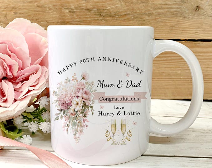 Diamond Wedding Anniversary Ceramic Mug, Grandparents 60th Anniversary, Dusty pink  Anniversary Gift, 60 Years married, Diamond Anniversary