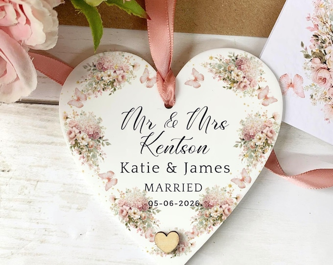 Personalised Wedding Gift, Wedding Day Gift, Newlyweds Gift, Wedding Keepsake, Mr And Mrs Gift, Dusty Pink Hanging Heart, Acrylic Keepsake,
