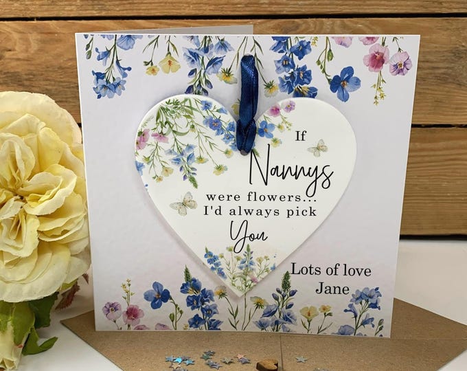 Personalised Nanny Keepsake Card, Birthday Gift for Mum, Gran, Detachable Acrylic Heart, Mother’s Day Gift, Birthday Card, Wildflowers Card