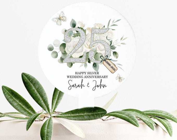 Silver 25th Personalised Anniversary Cake Topper, 25th Cake Decoration, Silver Anniversary, 25th Wedding Decor, 25years Married, 25th gift