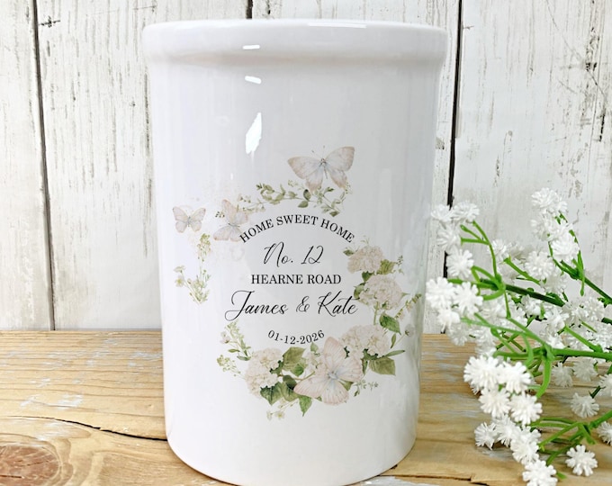 Personalised New Home Gift, New Home Small Vase, Moving In Gift, Housewarming Gift, Couples Gift, First Home Gift, Green Floral Butterflies